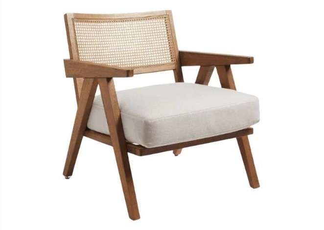 Roswenn Teak Lounge Chair with rattan weaving – elegant teak lounge chair with vintage touch for cozy cafe
corners